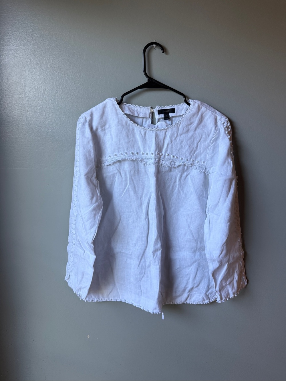 J.Crew White Linen Lace Trim Long Sleeve Blouse Size 8
